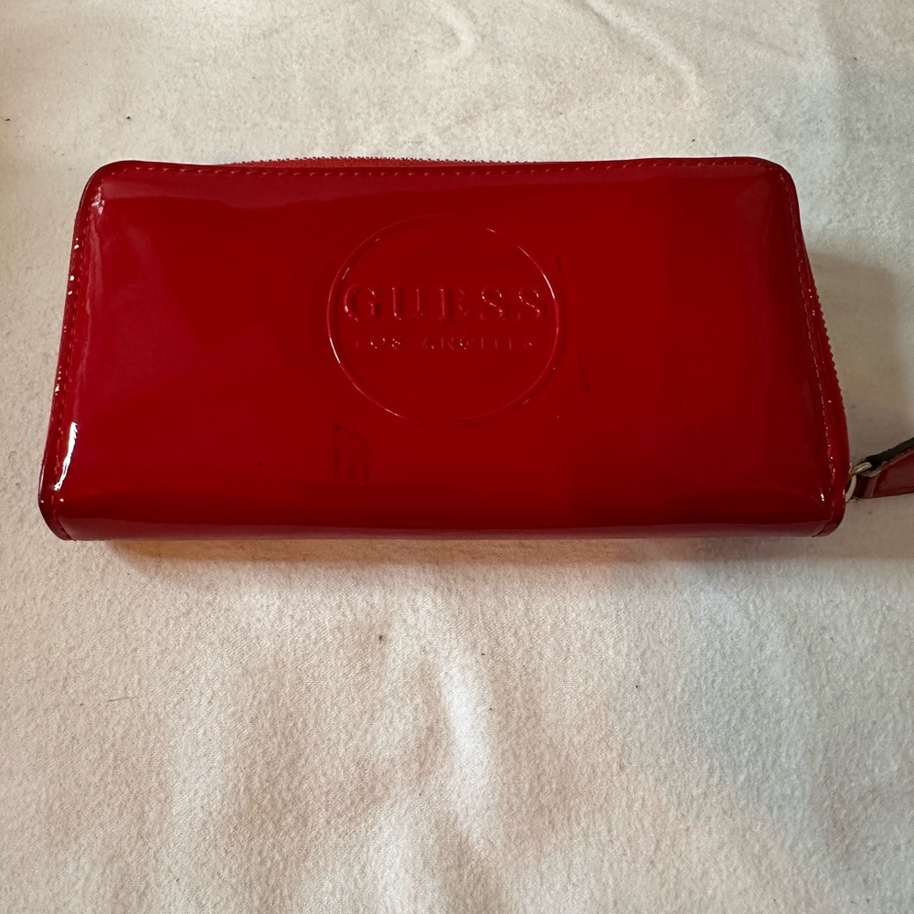 GUESS Red Patent Zip Around Wallet Y2K Logo Read Description